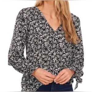 CeCe Women’s Floral V-Neck Chiffon Blouse Black White Long Tie Sleeve Size S